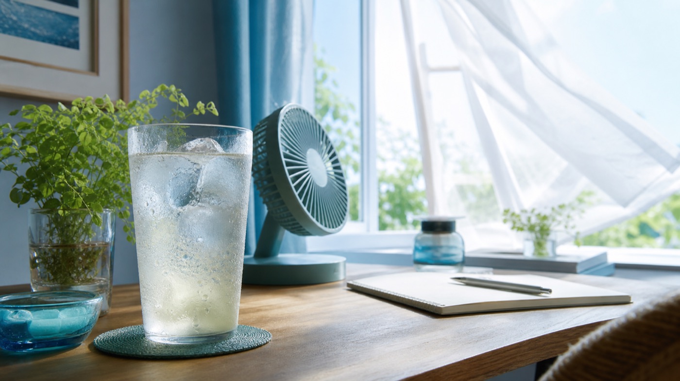 風通しのよい在宅デスク。結露したグラスの氷入りドリンクを手前に、卓上扇風機と窓辺のレースカーテンが涼しげ